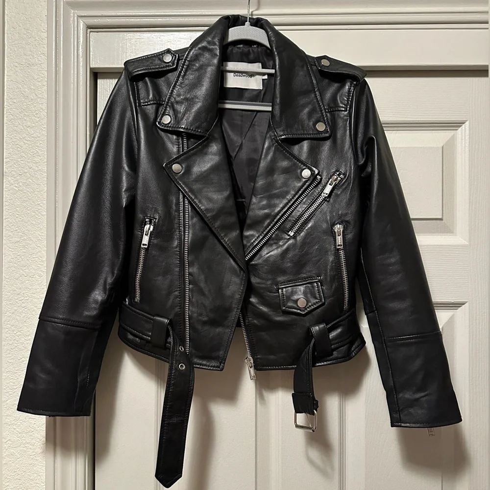 Deadwood Cropped Joan Recycled Leather Motorcycle Jacket 38/6 - Picture 7 of 9